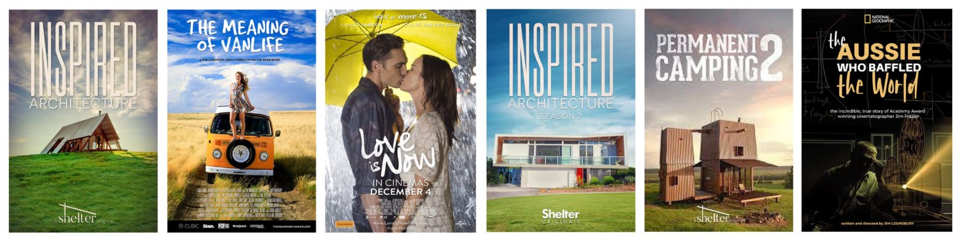 Six film posters by Cubic Content: Inspired Architecture, The Meaning of Vanlife, Love is Now, Inspired Architecture Season 2, Permanent Camping 2 and The Aussie Who Baffled the World